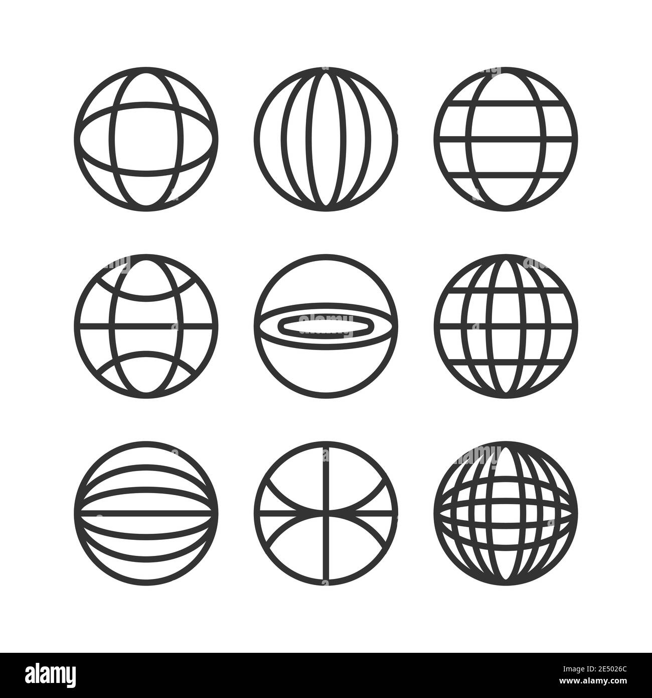 Globe black line icons pack isolated on white. Earth sphere sign ...