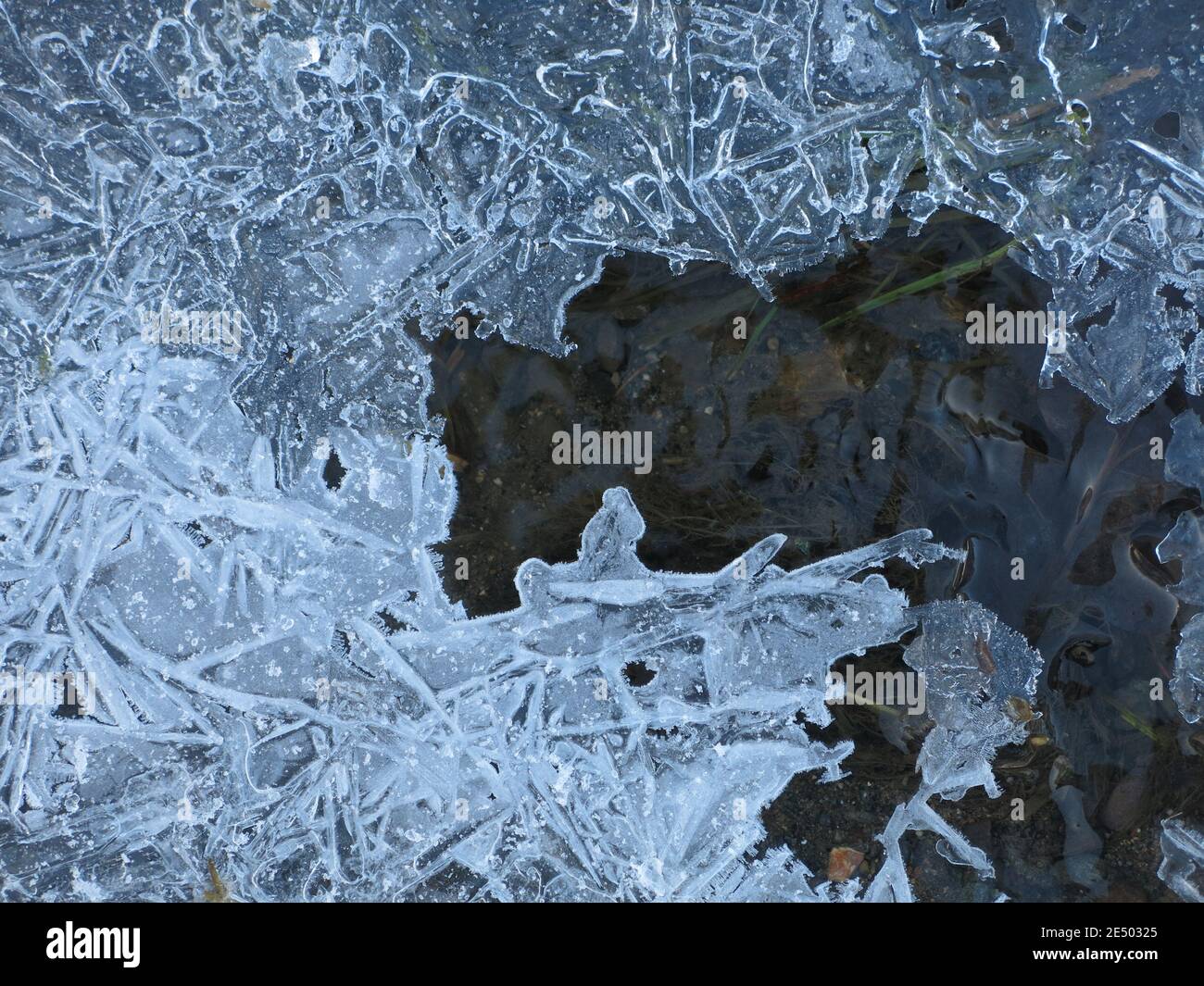 Skating over thin ice: abstract photo of glacial frozen ice crystals in beautiful shapes formed alongside pools of dark deep water. Stock Photo