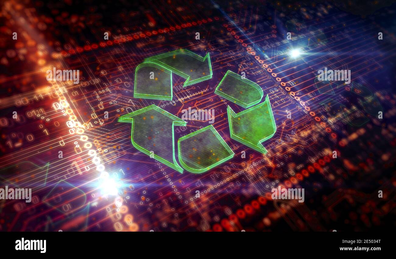 Recycling symbol, environment, ecology, reduce e-waste, green technology and industry icon. Abstract 3d symbol concept rendering illustration. Stock Photo