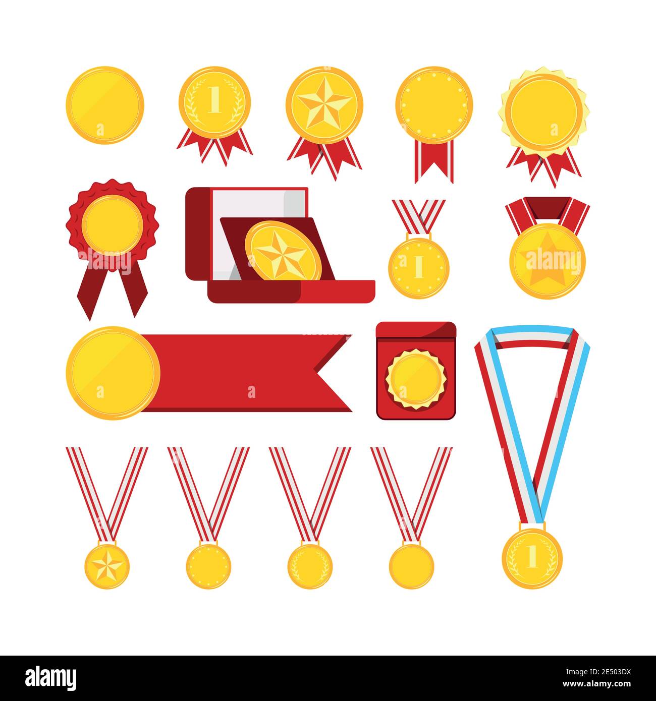Gold medals with red ribbon set isolated on white background Stock