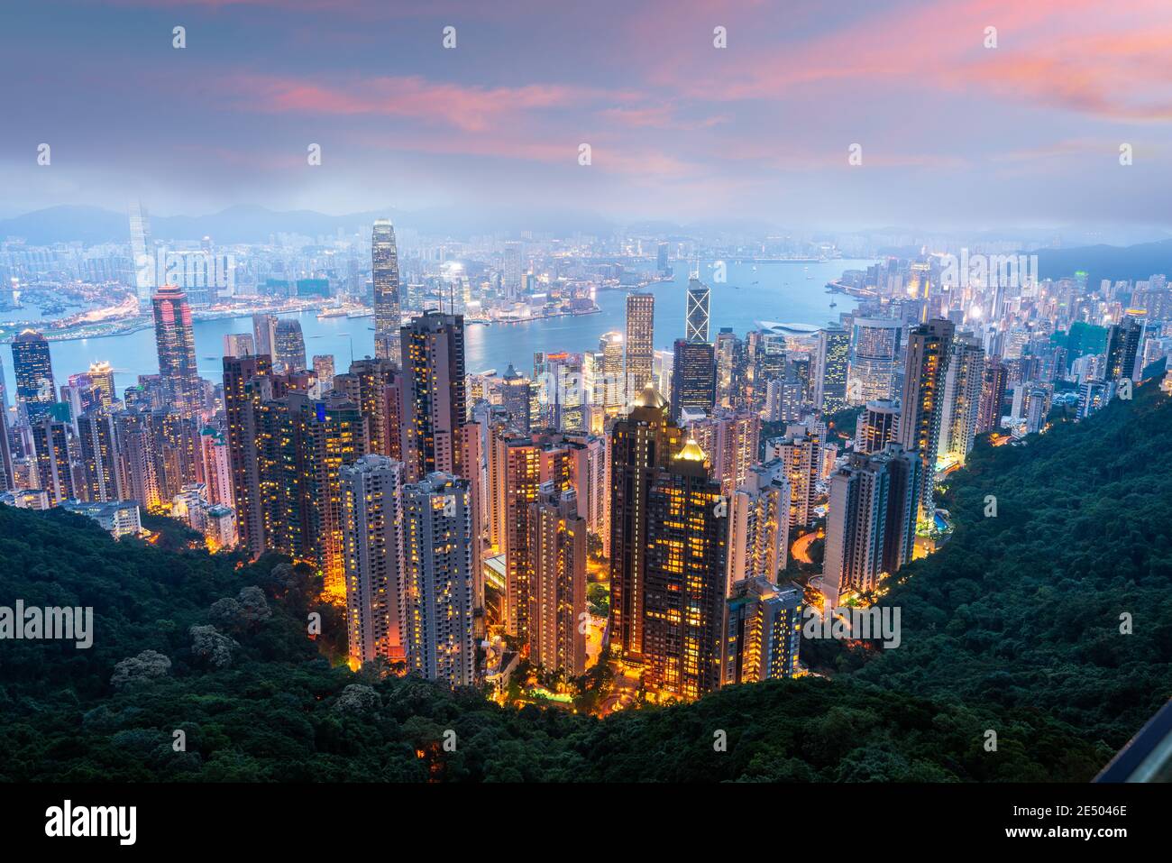 Hong Kong, China city skyline from Victoria Peak at dusk. Stock Photo