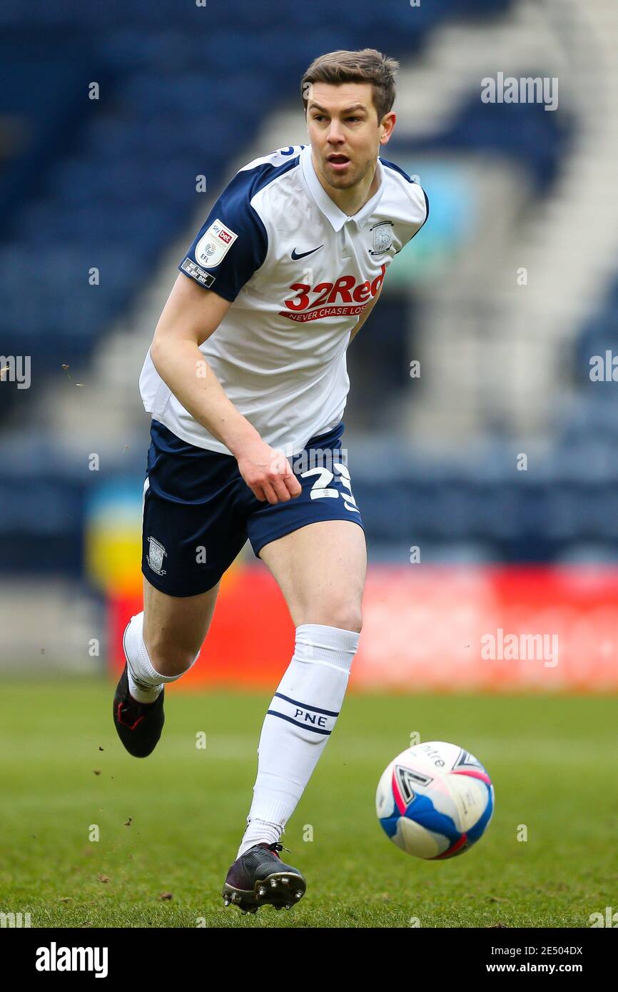 Preston North End's Paul Huntington during the Sky Bet Championship match at Deepdale, Preston. Picture date: Sunday January 24, 2021. Stock Photo