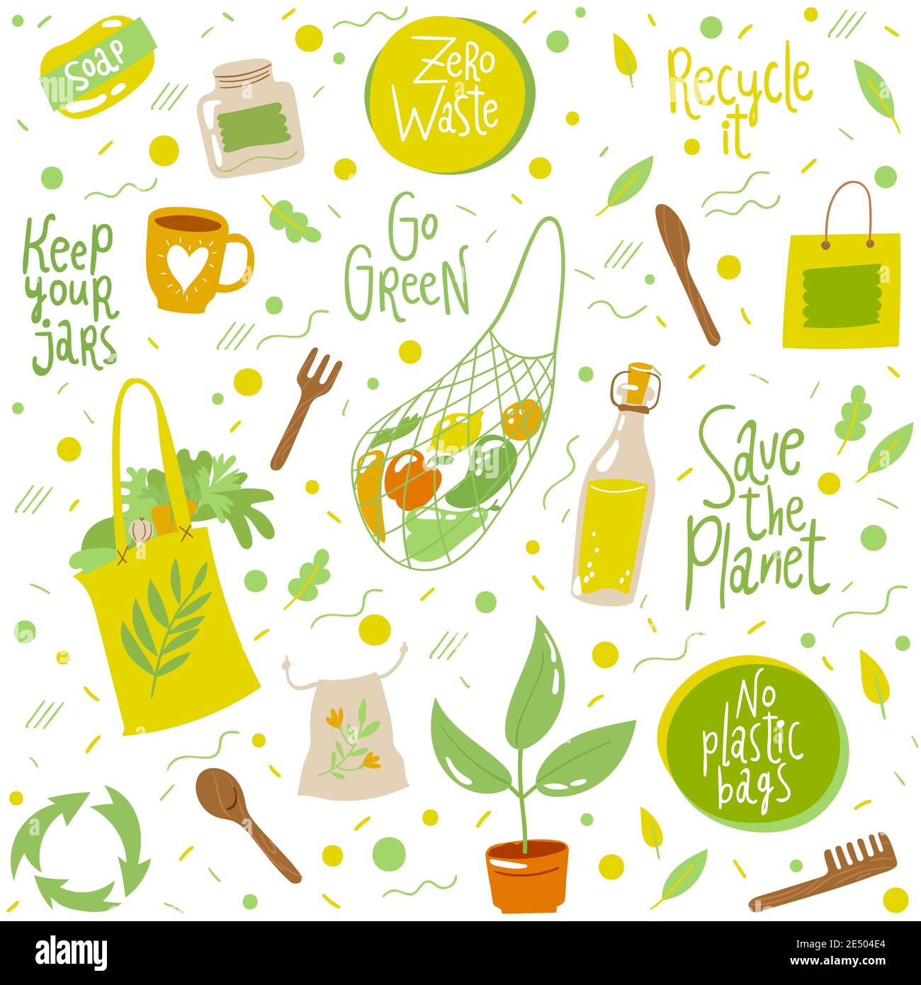 Seamless pattern background with ecological symbols and lettering Stock Vector