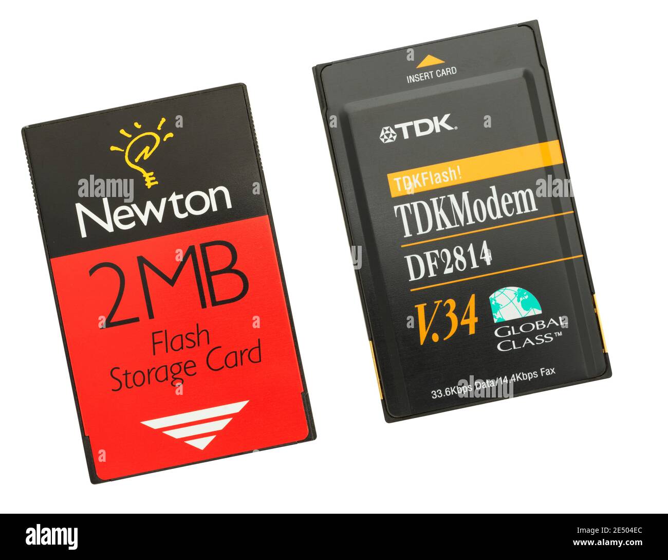 Apple Newton message pad data and TDK modem cards. These were inserted into the sides of later Newtons and allowed removable storage and modem comunic Stock Photo