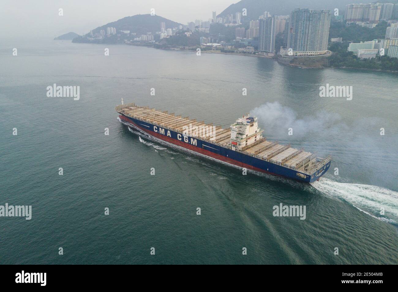 Aerial view of an empty container ship in the Lamma shipping channel ...