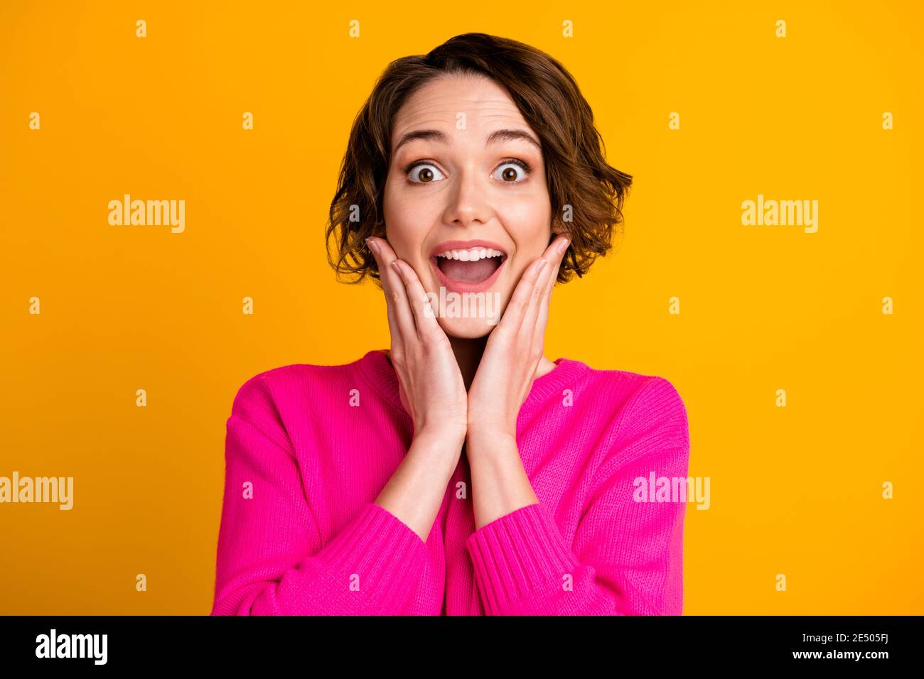 Portrait of astonished girl touch hands face open mouth scream wear ...