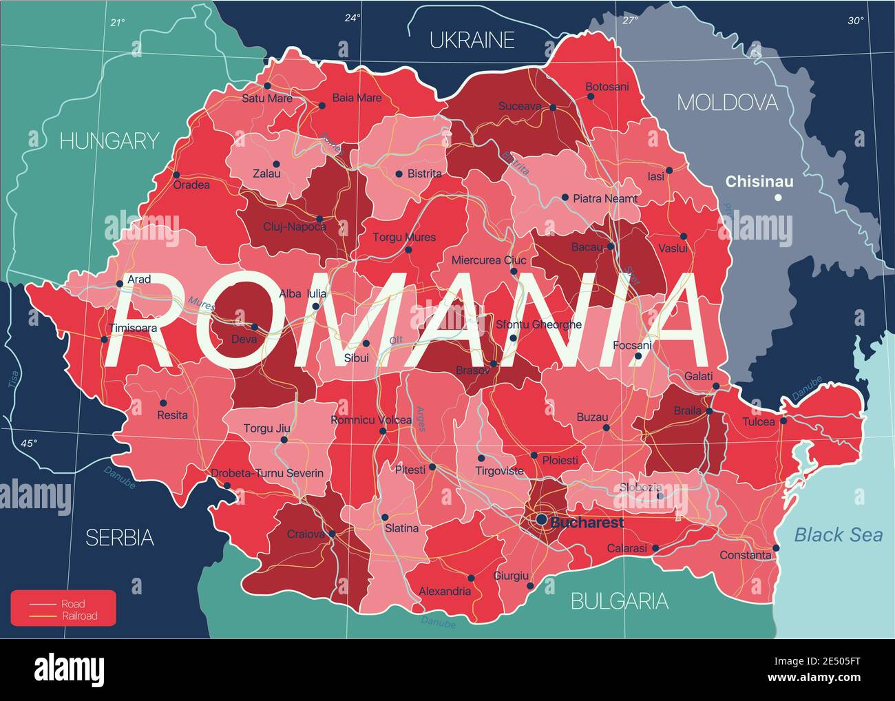 Romania country detailed editable map with regions cities and towns, roads and railways, geographic sites. Vector EPS-10 file Stock Vector