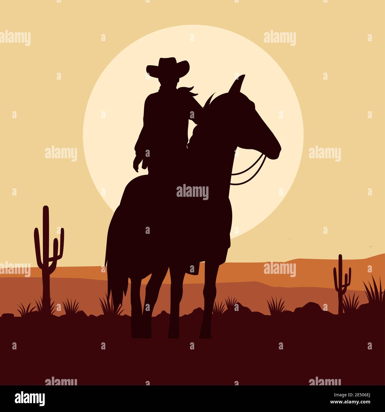 cowboy figure silhouette in horse desert landscape scene vector ...
