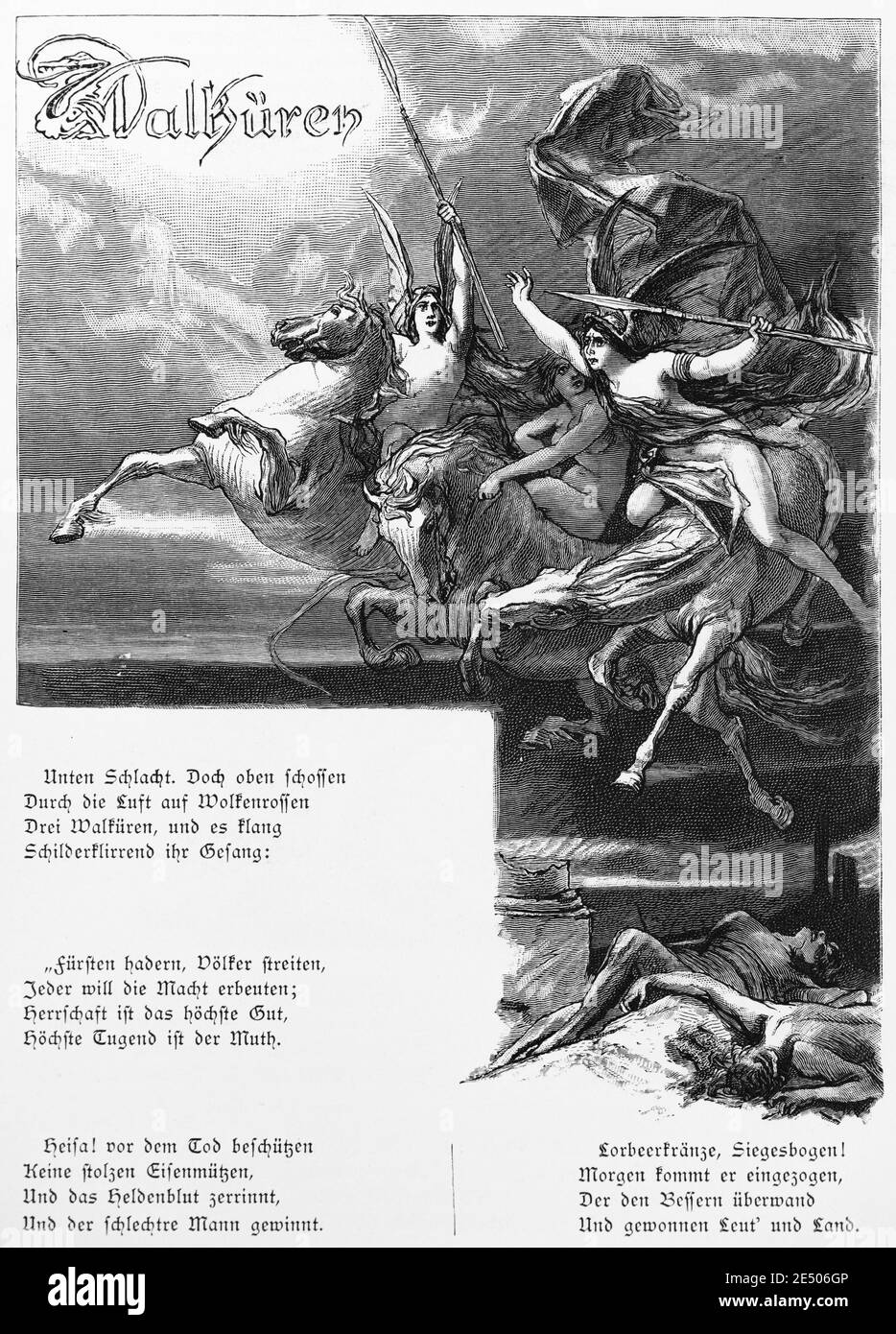 Illustration to Heine´s poem  'Wallküren' or Walkyrie, German writer and poet Heinrich Heine, poem collection Romancero, 1880 Stock Photo