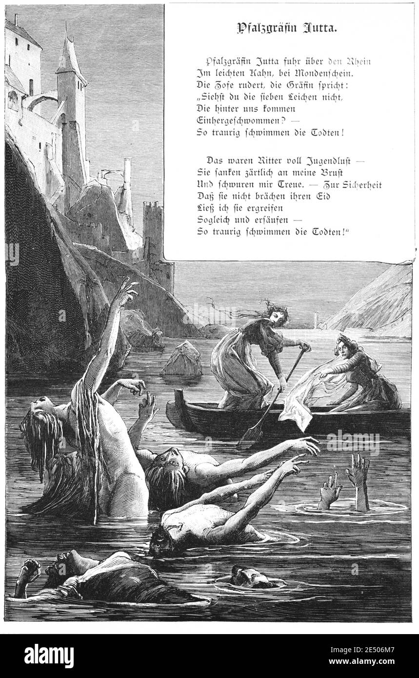 Illustration to Heine´s poem 'Pfalzgräfin Jutta' or Countess Jutta, a countess being rowed,German poet Heinrich Heine, poem collection Romancero, 1880 Stock Photo