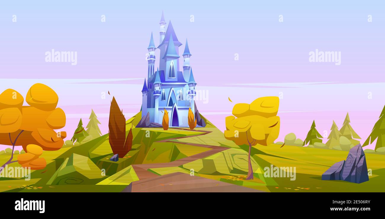 Magic blue castle on green hill with yellow trees. Vector cartoon ...