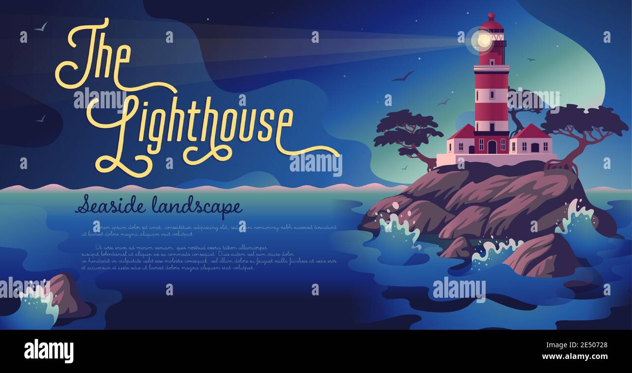 Lighthouse - vector landscape. Sea landscape with beacon on the cliff ...