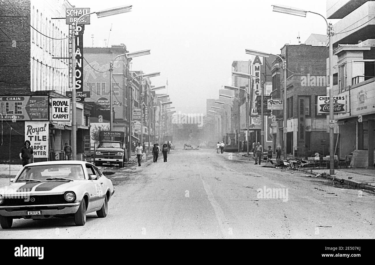 A scene from the flood damaged community  of Wilkes Barre Pennsylvania in the aftermath of tropical storm Agnes in June of 1972. Wilkes Barre is located in Luzerne County , Wyoming Valley Pennsylvania. Tropical storm Agnes was the worst natural disaster to hit the United States at that time. Stock Photo