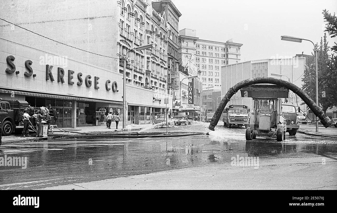 A scene from the flood damaged community  of Wilkes Barre Pennsylvania in the aftermath of tropical storm Agnes in June of 1972. Wilkes Barre is located in Luzerne County , Wyoming Valley Pennsylvania. Tropical storm Agnes was the worst natural disaster to hit the United States at that time. Stock Photo