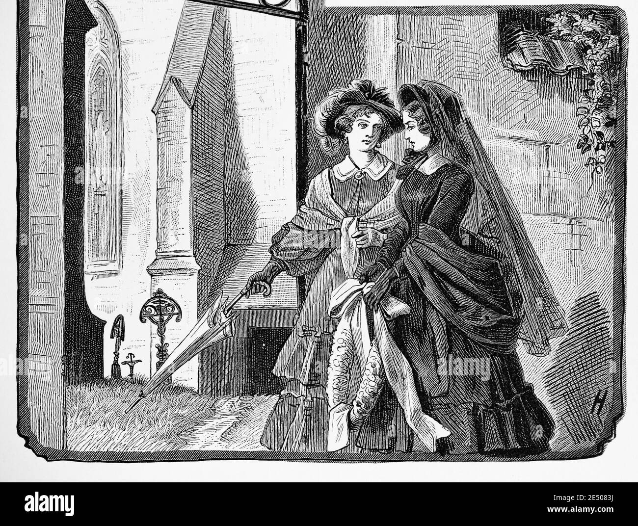 Illustration to Heine´s poem Gedächtniszfeier about two women meeting again, German writer and poet Heinrich Heine, poem collection Romancero, 1880 Stock Photo