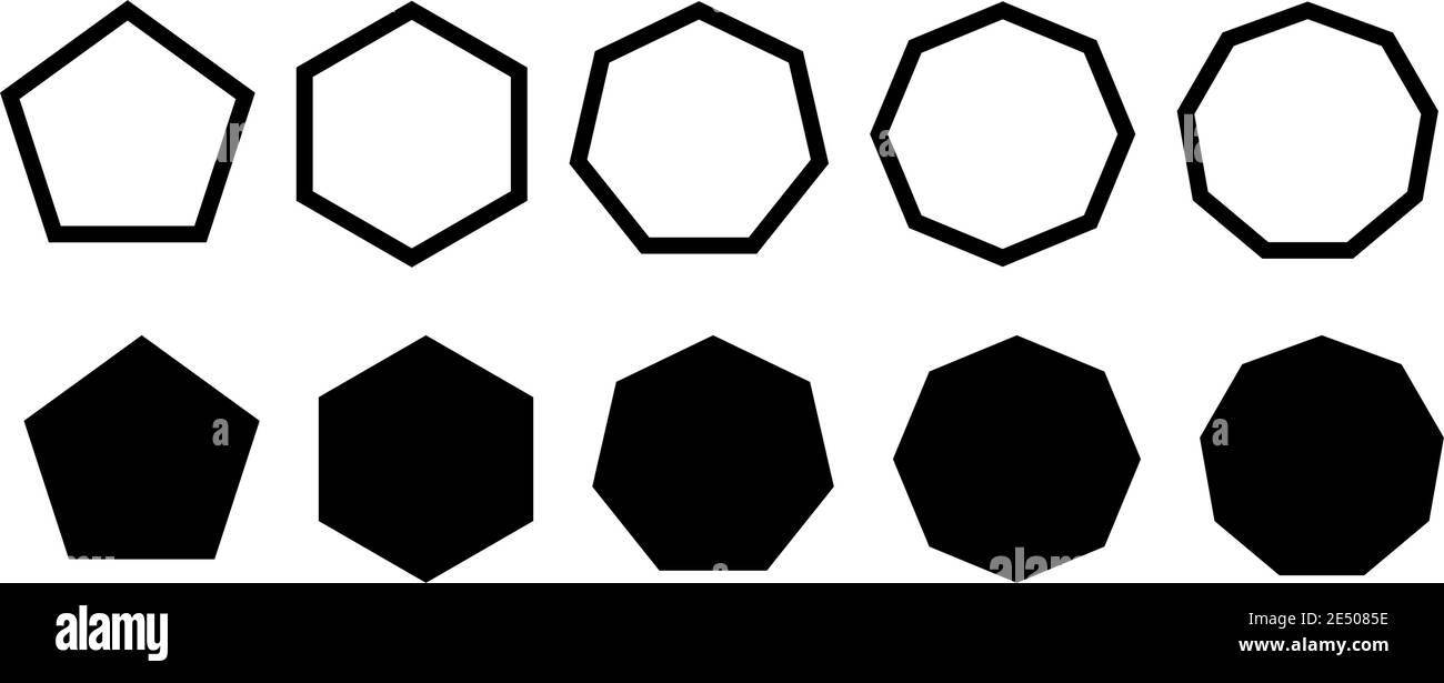 Set of simple polygons with five to nine sides. Filled and outline version Stock Vector