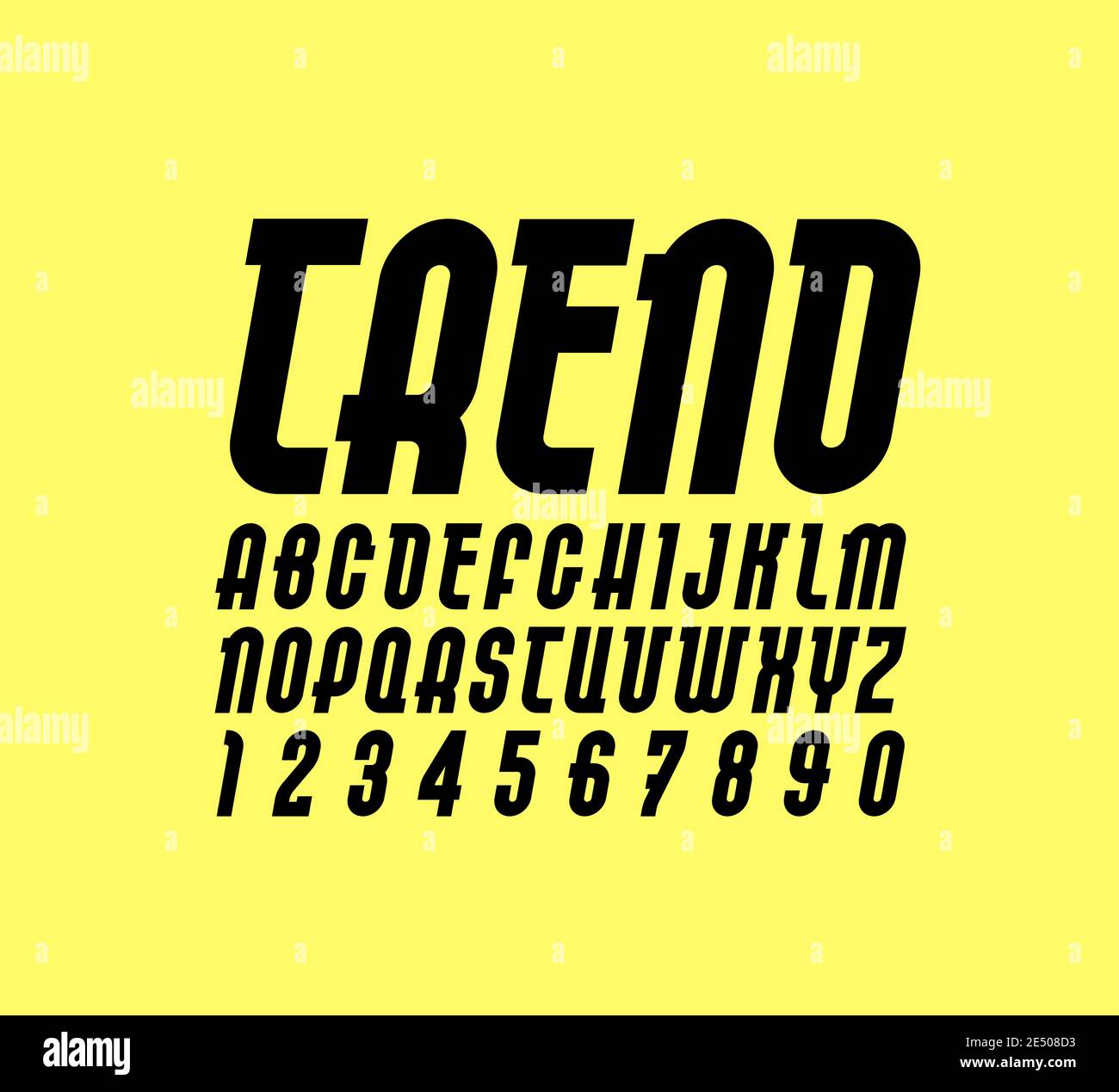 New font. Trendy alphabet, black vector letters on a yellow background