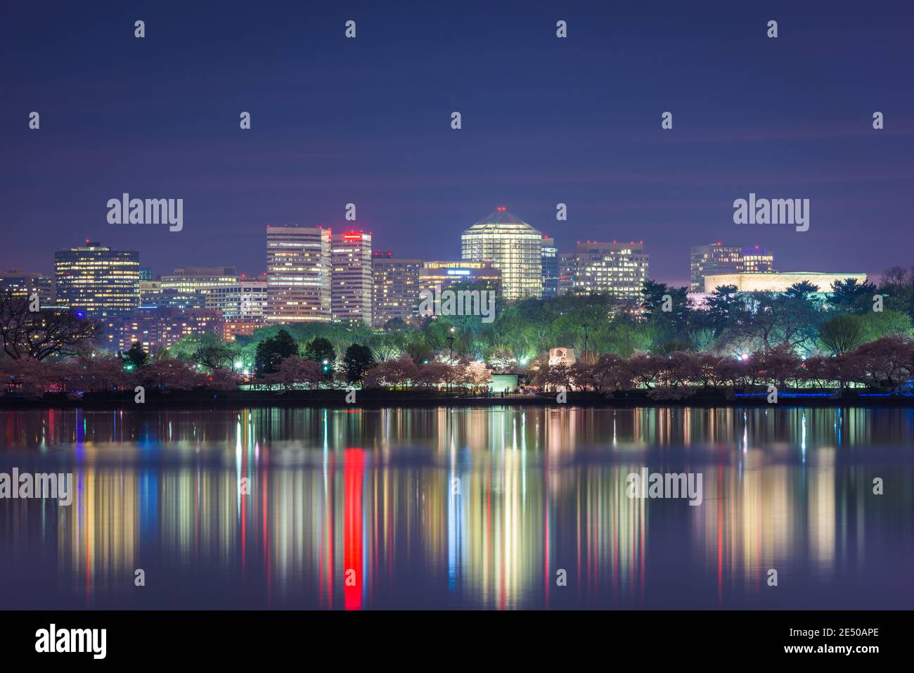 View of Rosslyn, Arlington, Virginia, USA from the tidal basin in Washington DC at dusk during spring season. Stock Photo