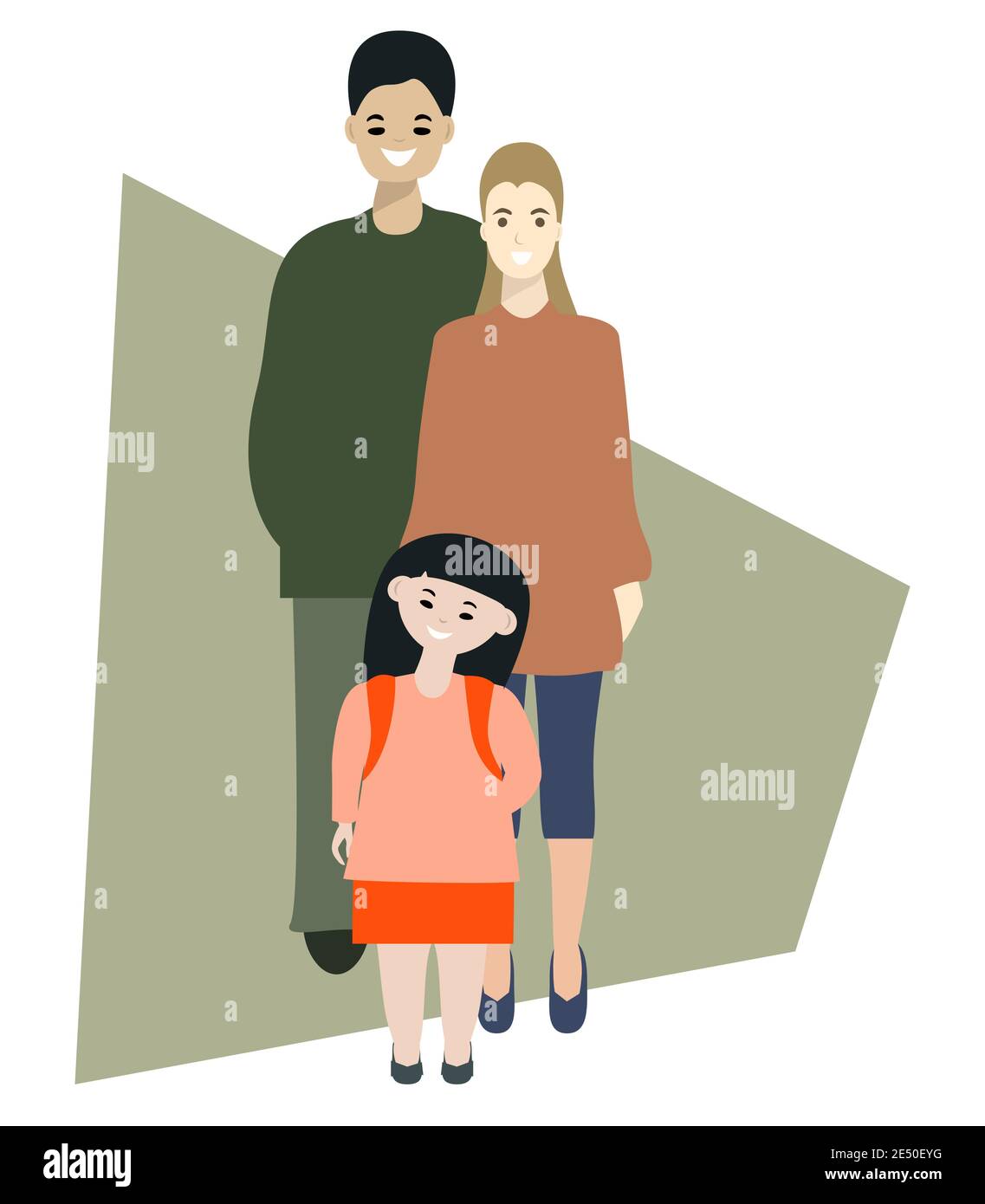 Happy parents and little daughter portrait. Multi ethnic family concept. Isolated vector illustration Stock Vector