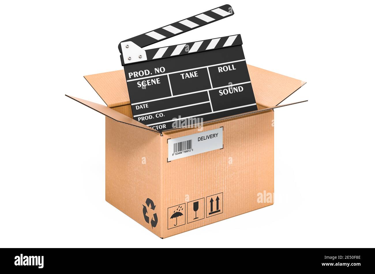 Clapper Box Design Clapperboard inside cardboard box, delivery concept. 3D rendering ...