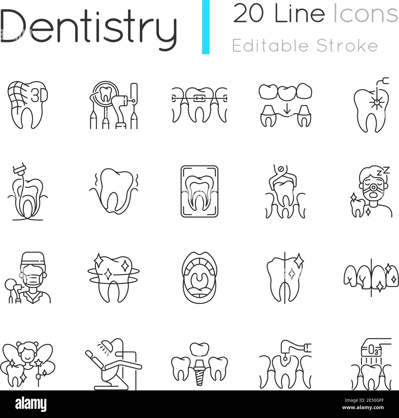 Professional stomatology linear icons set Stock Vector