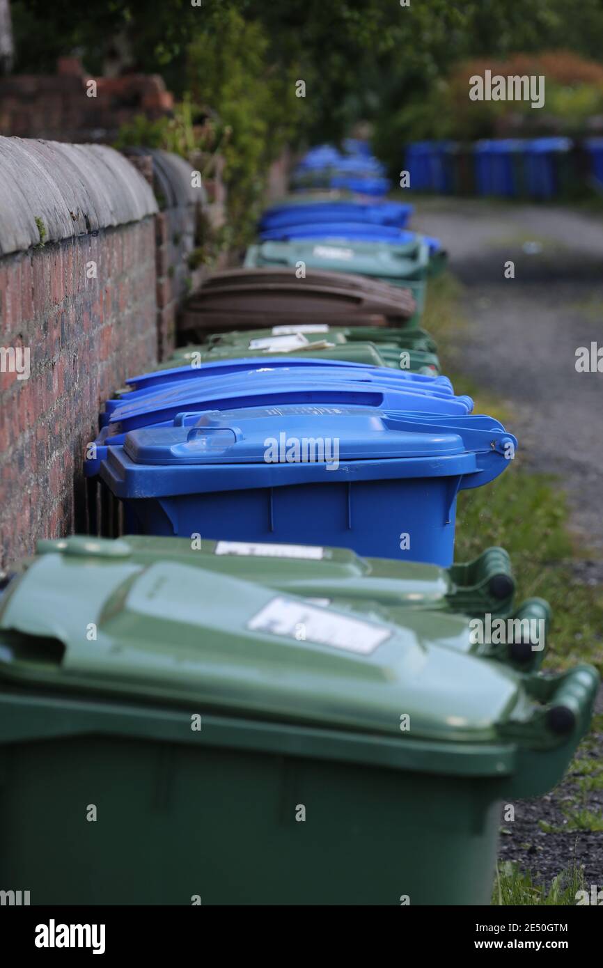 Long line of different coloured wheelie bins in lane at back of house