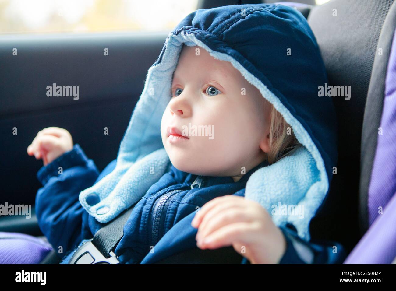 Cute Caucasian baby infant sitting in car seat. Adorable kid in outwear clothes in automobile vehicle carsit fastened with seatbelt. Care, safety and Stock Photo
