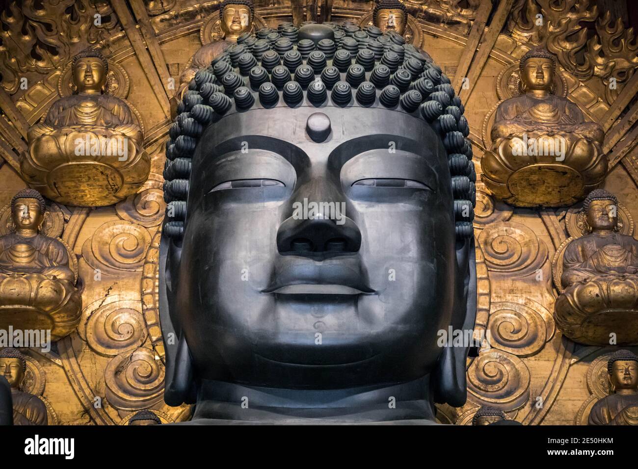 Symmetrical close up view of the huge bronze Buddha statue inside of the Todai-ji temple in Nara Stock Photo