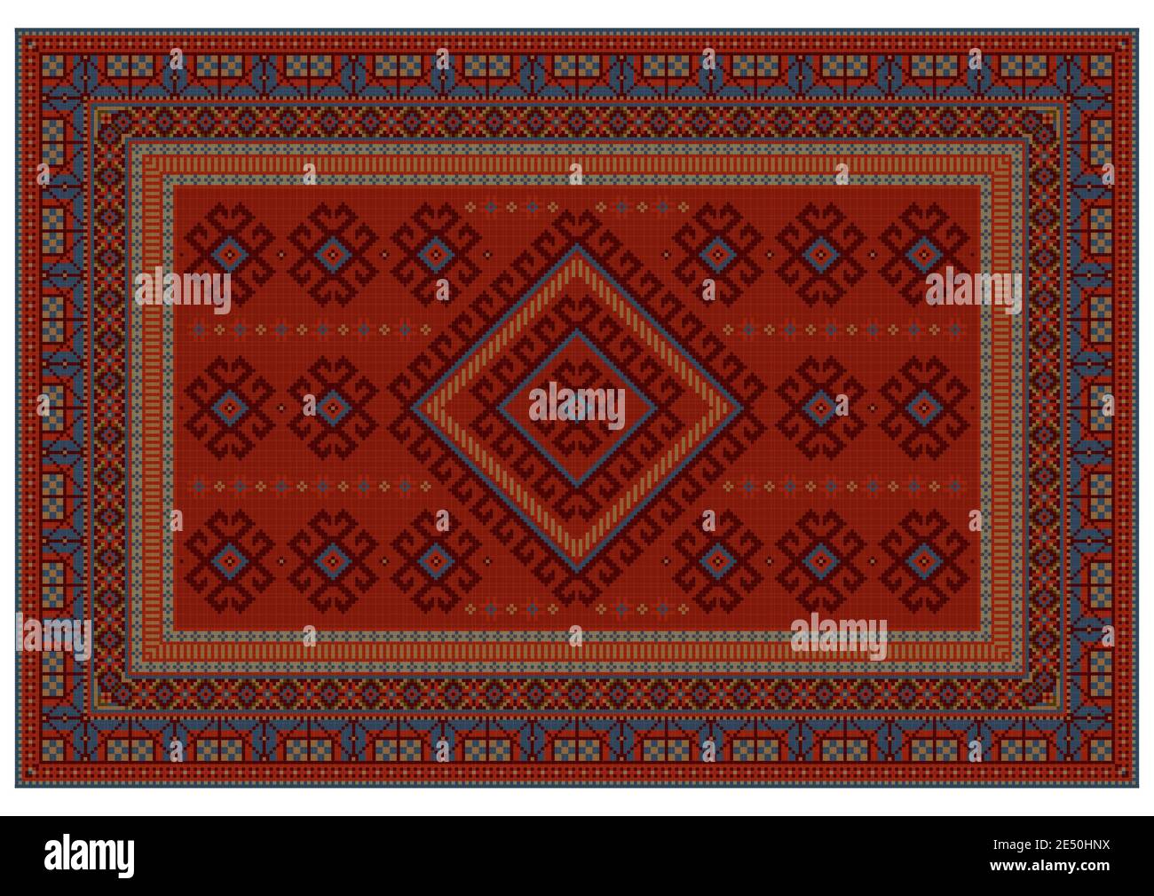 Luxurious vintage carpet with ethnic ornaments in red shades with blue ...
