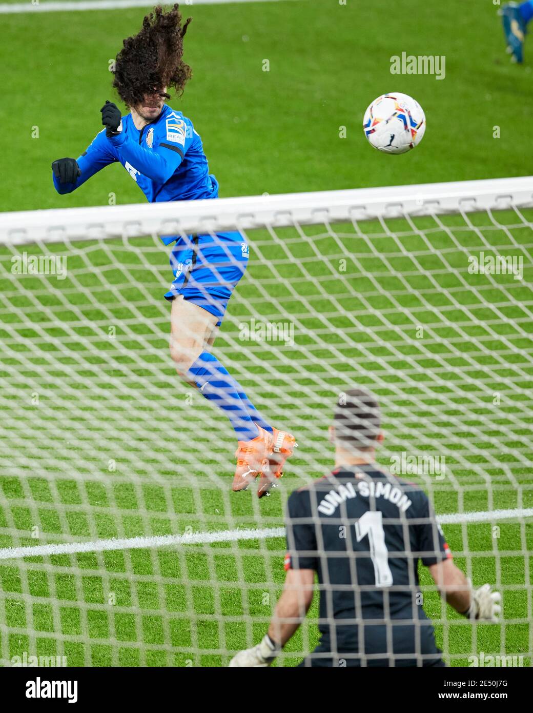 Bilbao, Spain. 25th Jan, 2021. Marc Cucurella of Getafe CF scores the first goal of his team during the La Liga match between Athletic Club Bilbao and Getafe FC played at San Mames stadium. Credit: Ion Alcoba/Capturasport/Alamy Live News Credit: CAPTURASPORT/Alamy Live News Stock Photo