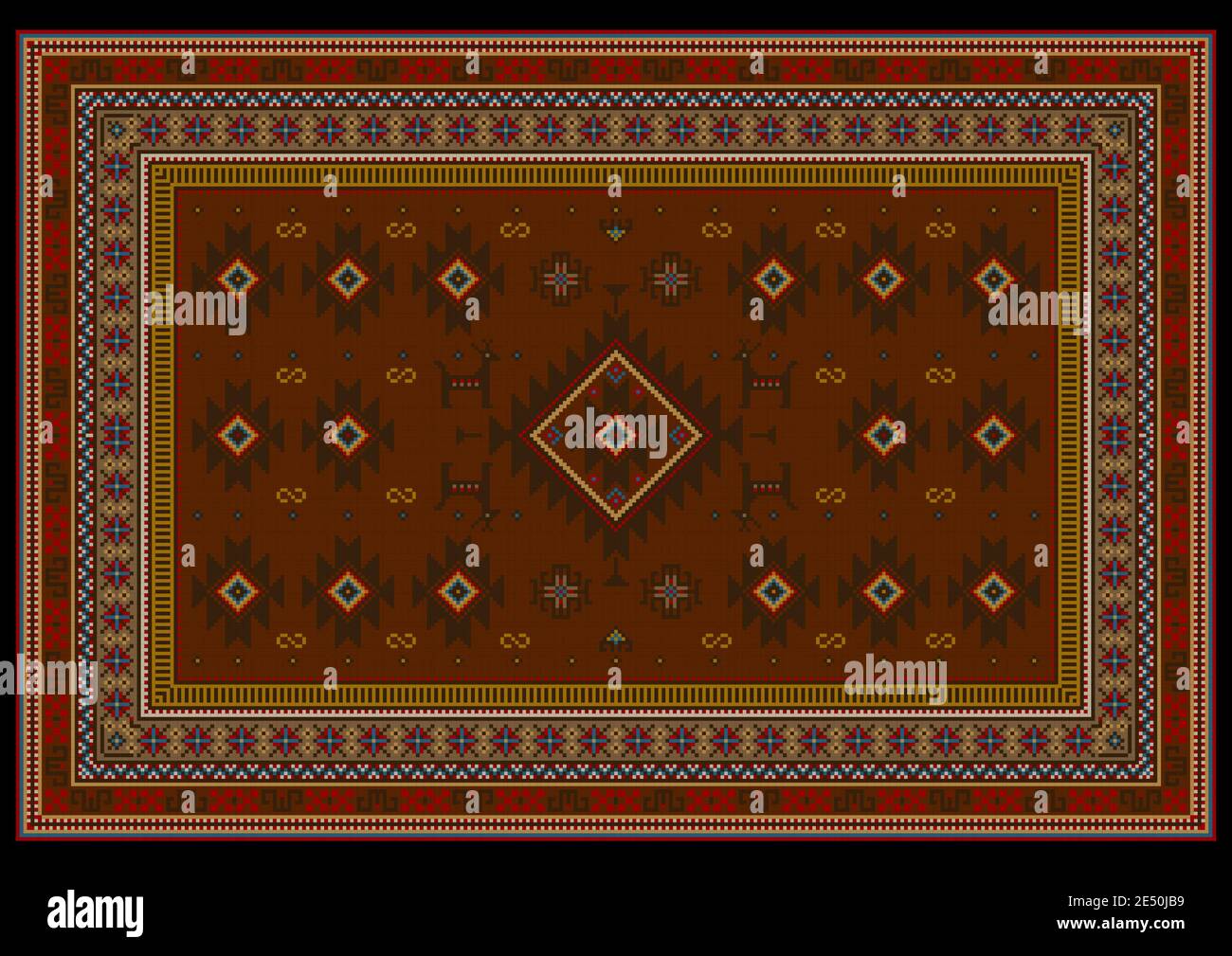 Vintage carpet with ethnic ornaments in red and maroon shades with blue ...