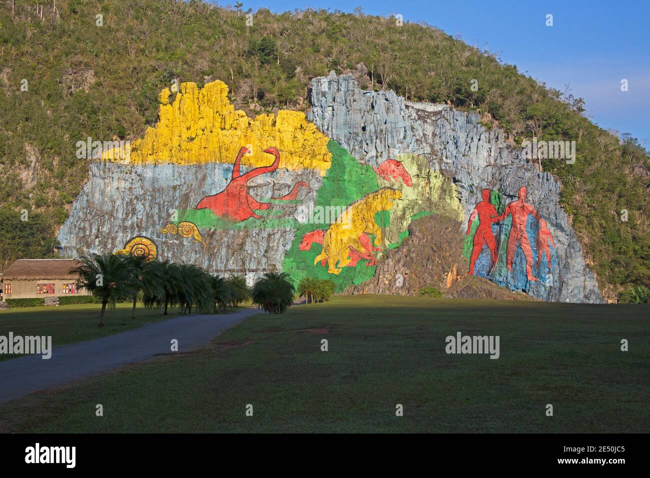 Mural de la Prehistoria, Prehistoric Wall, by Leovigildo Gonzalez, Vinales Valley, Pinar del Rio, Cuba Stock Photo