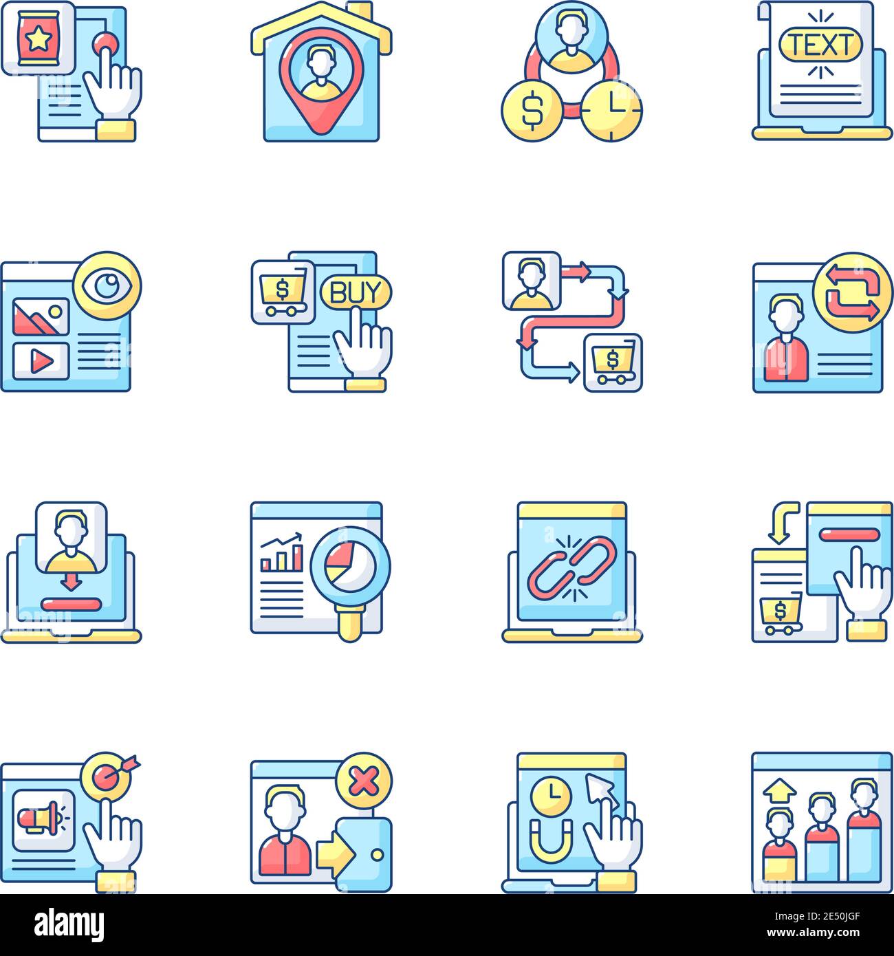 Web analytics RGB color icons set Stock Vector