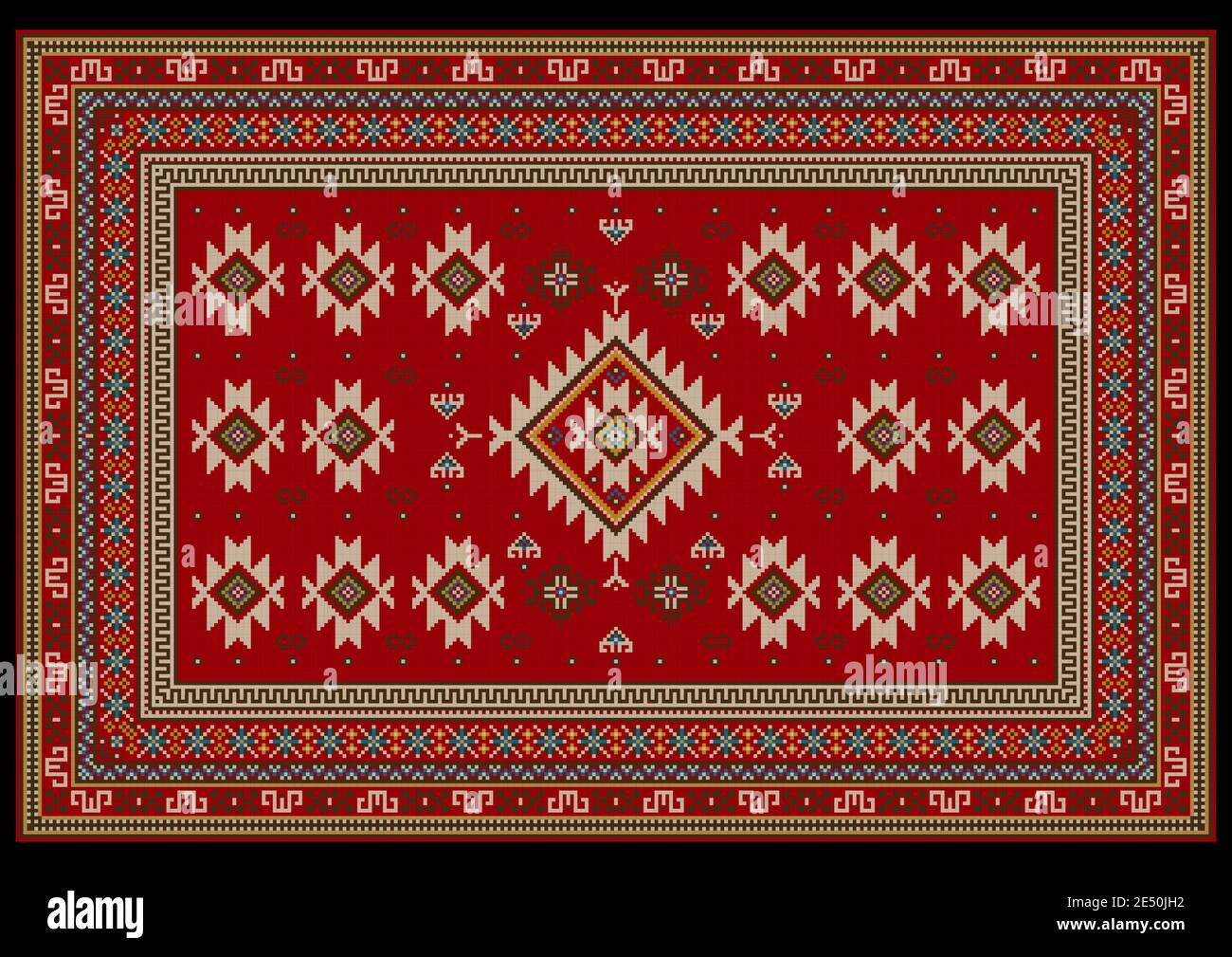 Vintage carpet in red tones with ethnic ornaments of beige, brown and ...