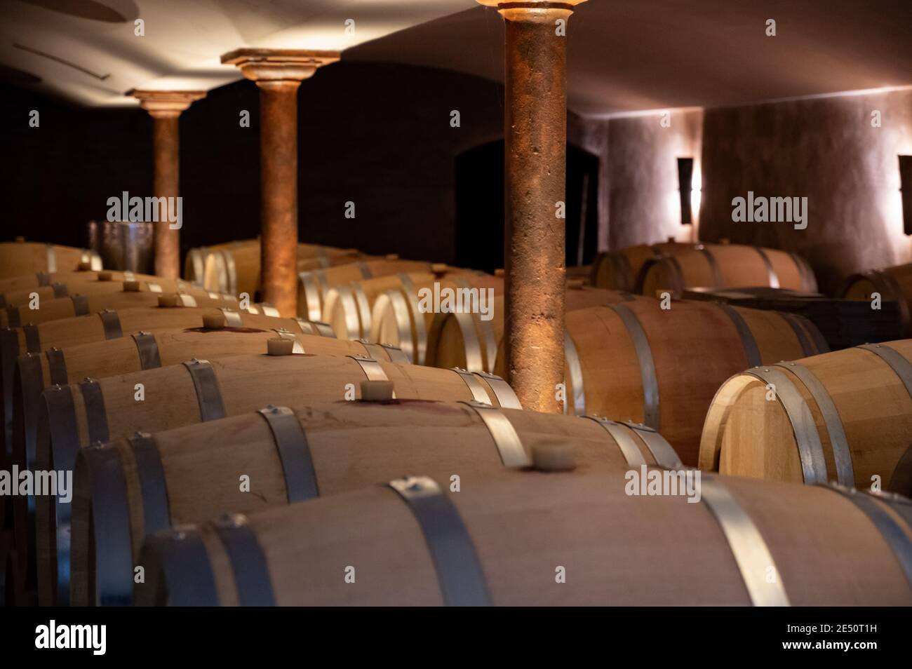 Cave with many wine casks on wine domain in Cotes de Provence near 