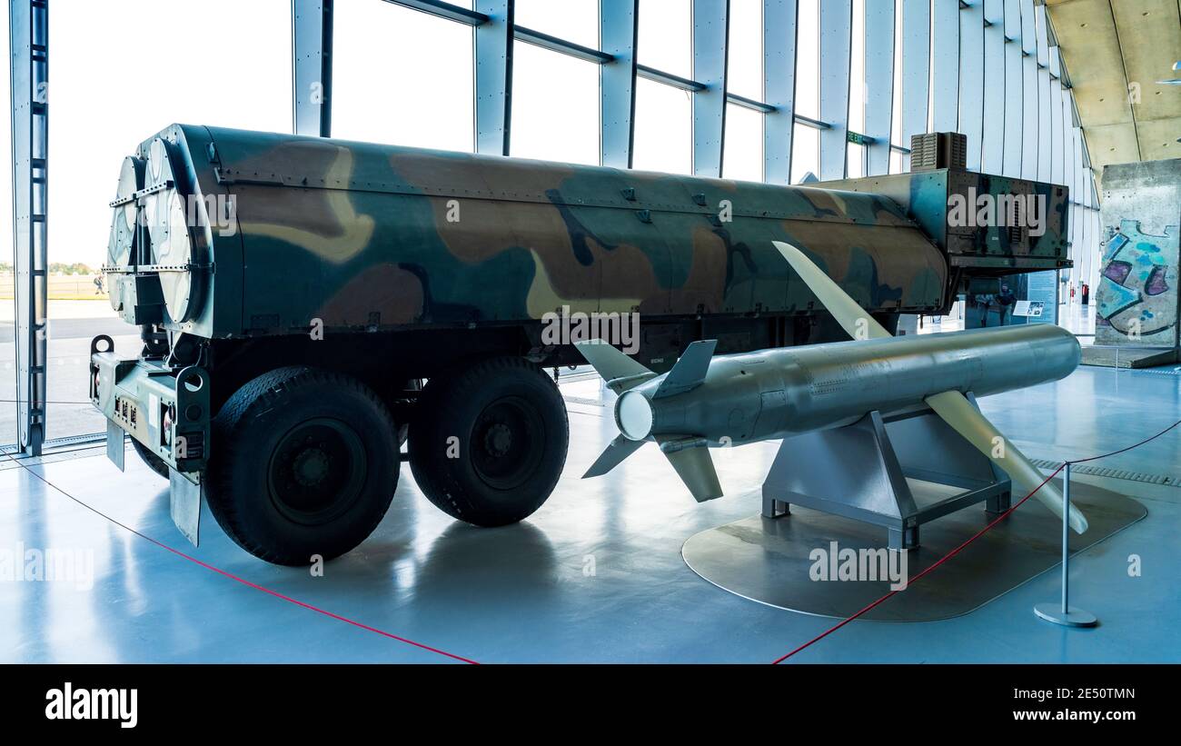 Tomahawk cruise missile with its launcher vehicle at the Imperial War Museum Duxford in Cambridgeshire UK. General Dynamics Tomahawk Cruise Missile. Stock Photo