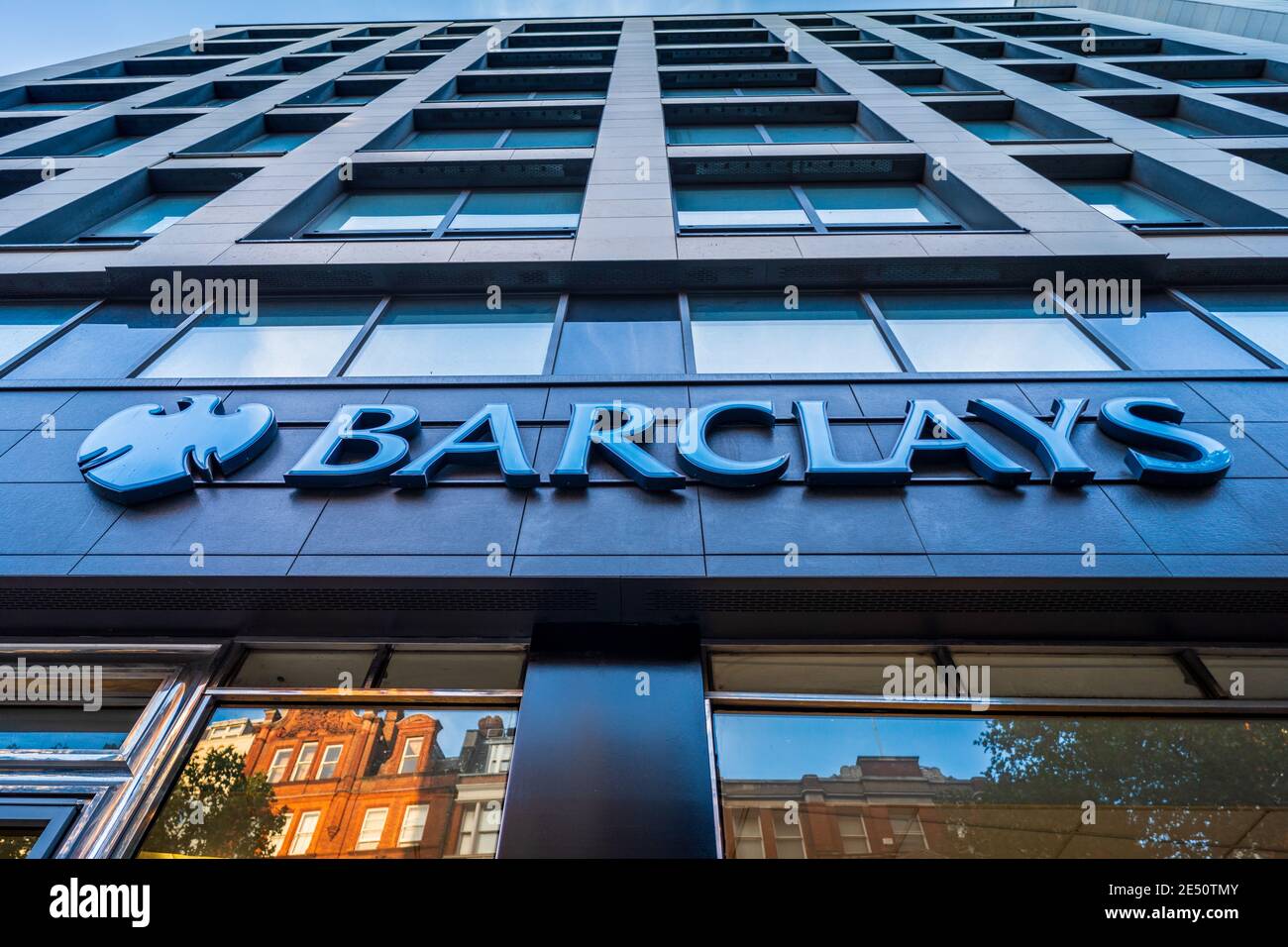 Barclays Bank Branch sign - Sign outside the Barclays Bank London Branch at 25 Charing Cross Road Stock Photo