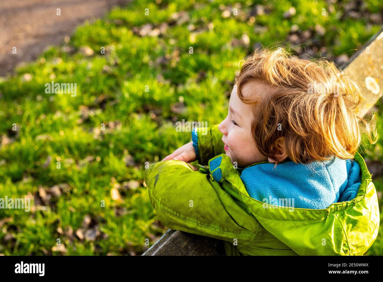 Leaning on a low fence this young lad is clearly loving this autumn day Stock Photo