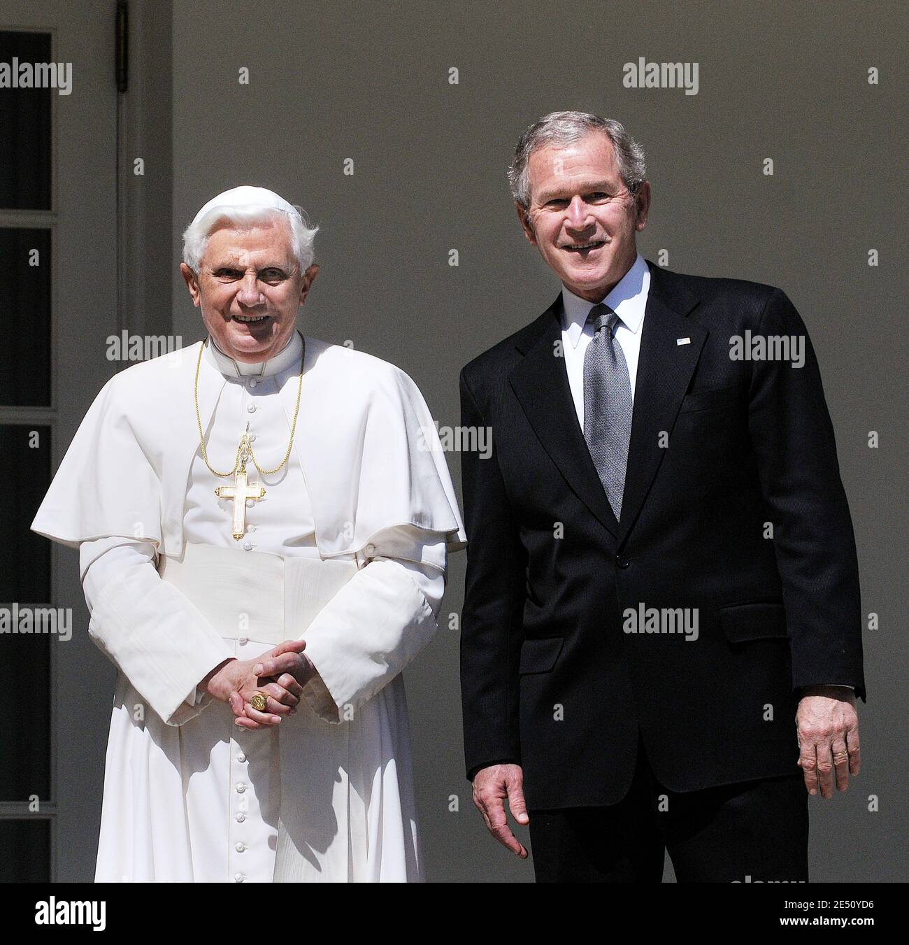 US President George W. Bush (R) stands with Pope Benedict XVI outside the Oval Office of the White House in Washington, DC, USA, on April 16, 2008. Photo by Olivier Douliery /ABACAPRESS.COM Stock Photo