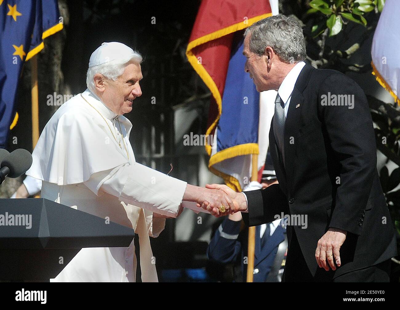 Pope Benedict XVI (L) and U.S. President George W. Bush stand on stage during an arrival ceremony on the south lawn of the White House April 16, 2008 in Washington, DC, USA. Today is the second day of the Pope's visit to the United States. Photo by Olivier Douliery /ABACAPRESS.COM Stock Photo