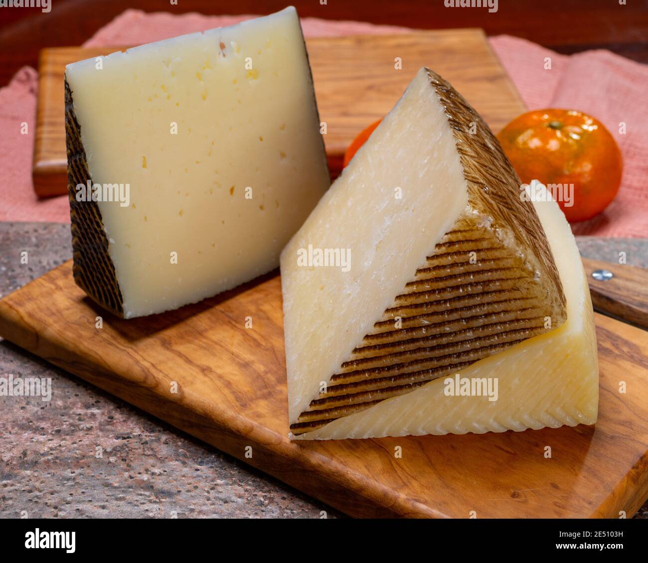 Cheese collection, pieces of hard Spanish manchego curado, viejo and