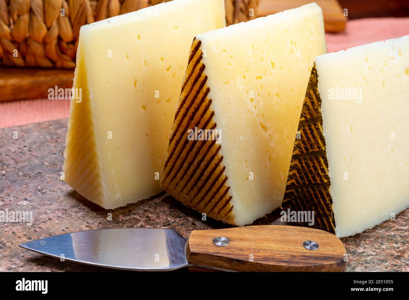 Cheese collection, pieces of hard Spanish manchego curado, viejo and