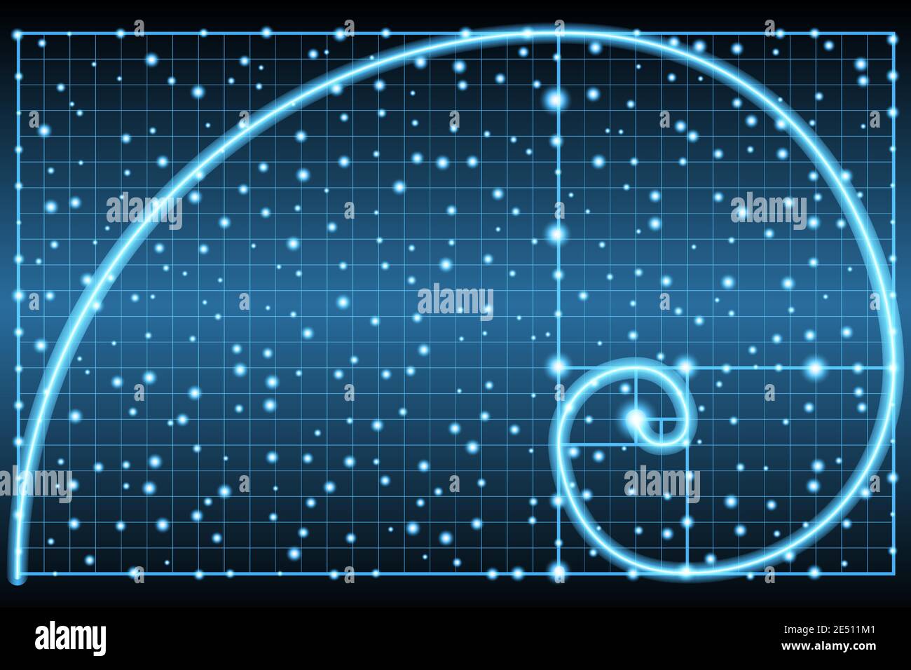 Glowing fibonacci spiral or golden ratio symbol on dark background Stock Vector