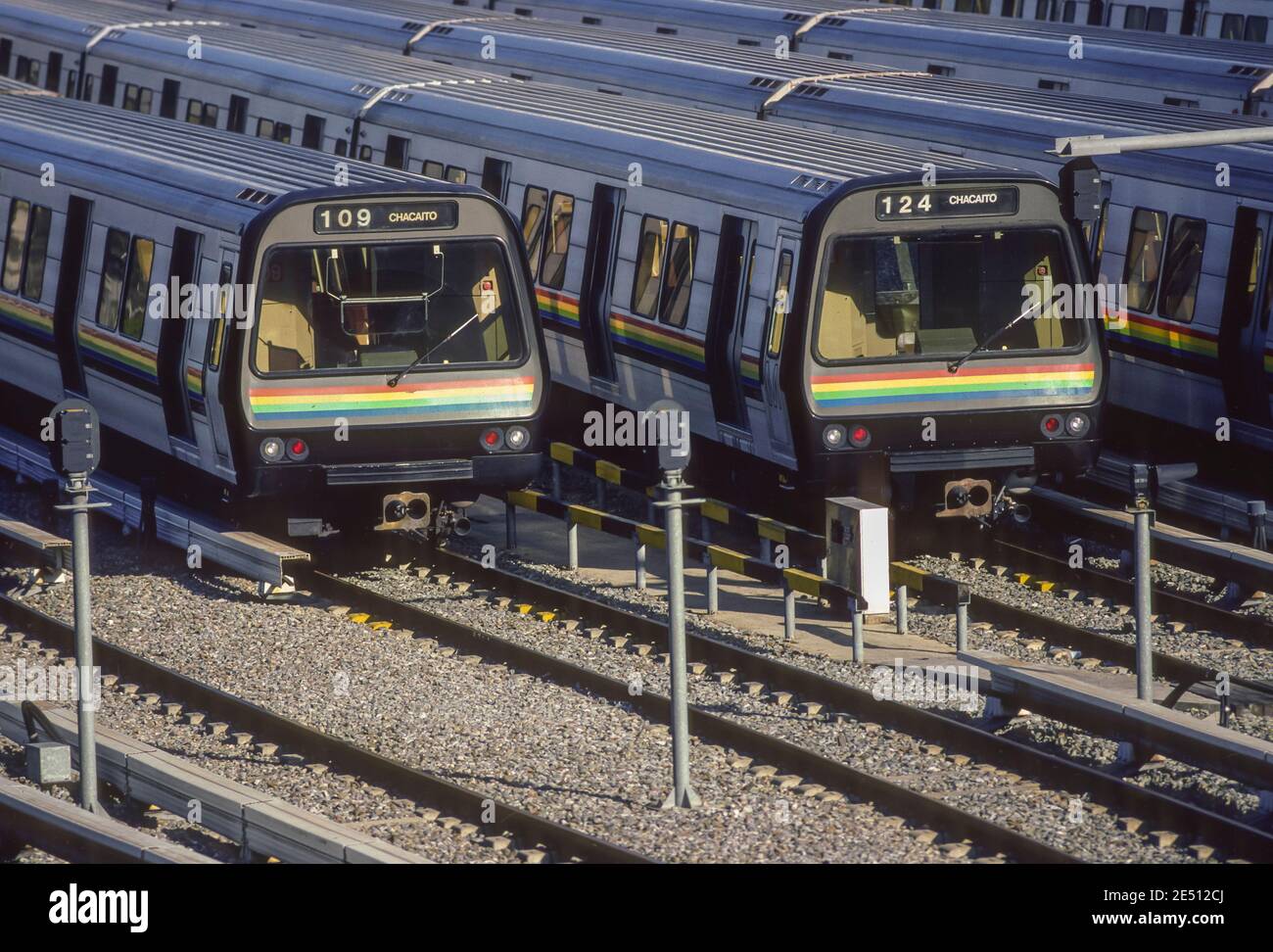 CARACAS, VENEZUELA, 1988 - Metro train cars parked in train yard. Stock Photo