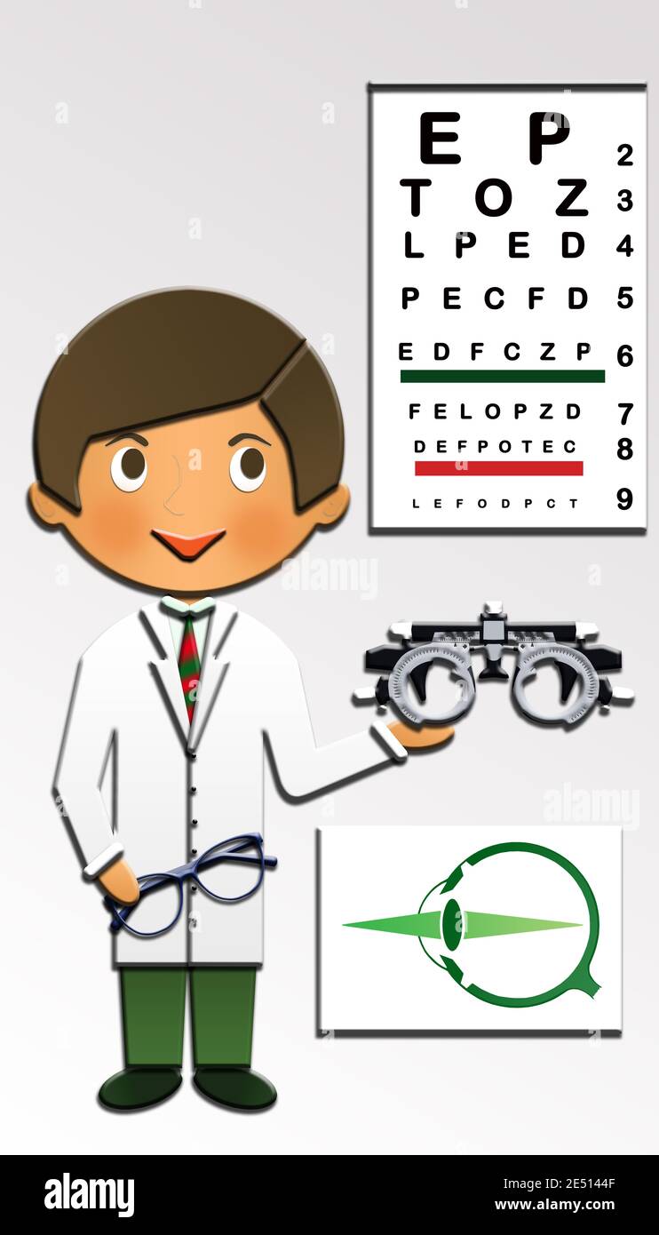 Cartoon of a cute Happy Ophthalmologist, holding glasses, with an eye