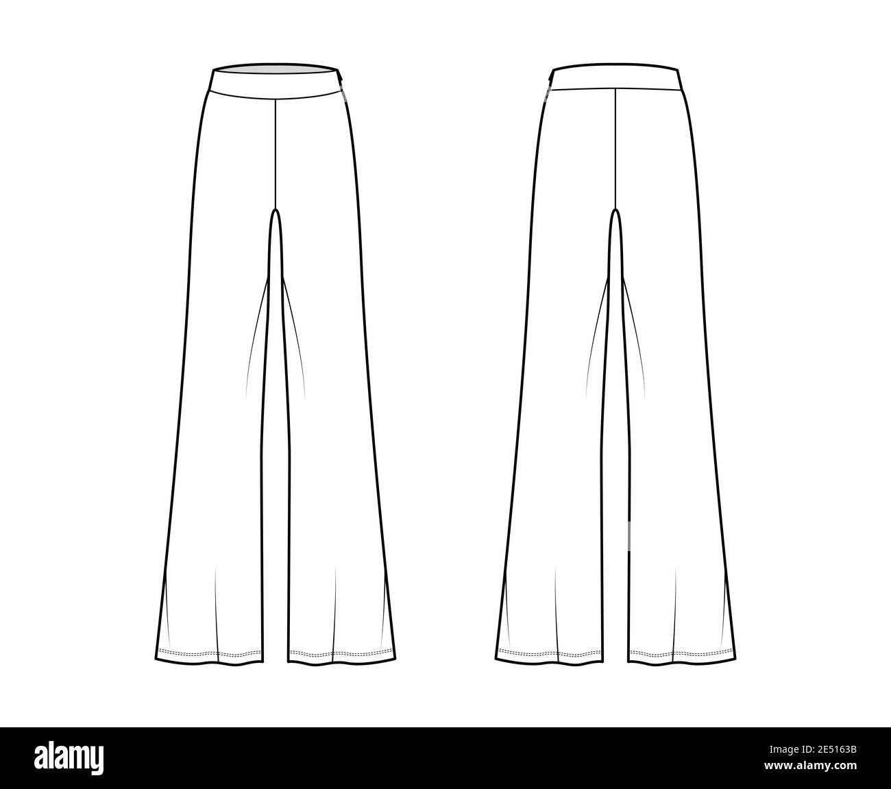 Pants boot cut technical fashion illustration with floor length, oversize silhouette, side zipper. Flat sport pyjama bottom template front, back, white color style. Women, men, unisex CAD mockup Stock Vector