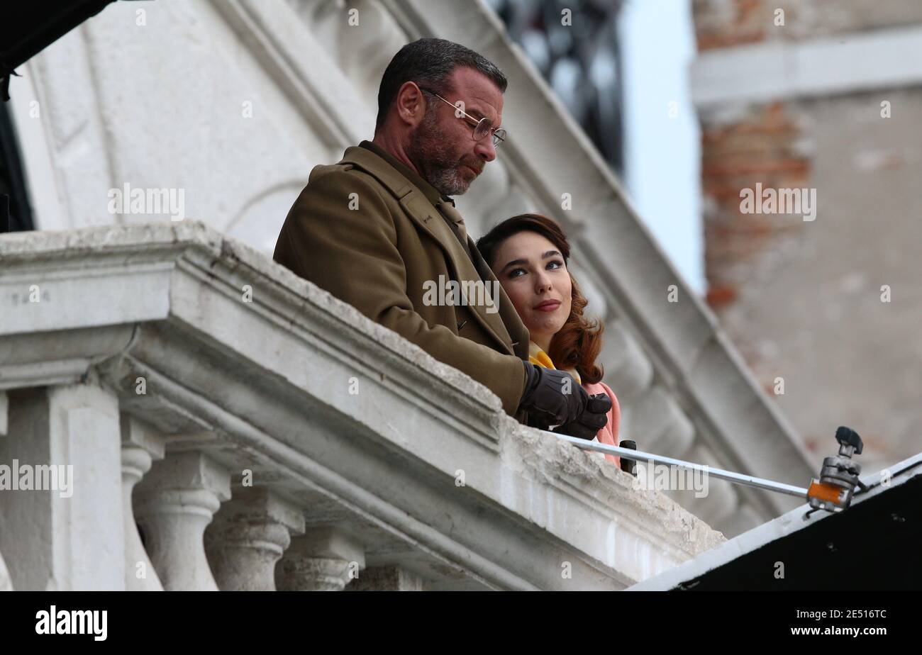 VENICE, ITALY - JANUARY 25, 2021: Actress Matilda De Angelis and actor Liev Schreiber on set during filming for 'Across the River and Into the Trees' Stock Photo