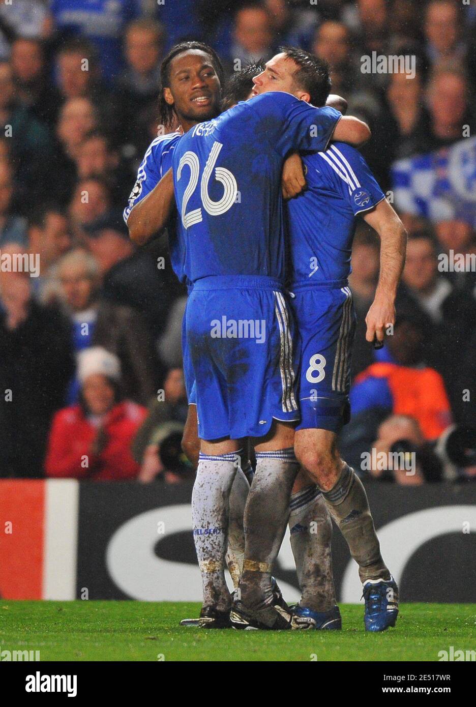 Chelsea's John Terry and Didier Drogba have hailed Frank Lampard after the England midfielder's penalty helped Chelsea to reach their first ever Champions League finalduring the UEFA Champions League Soccer match, Semi Final, Second Leg, Chelsea vs Liverpool at the Stamford Bridge in London, UK on April 30, 2008. Chelsea won 3-2. Photo by Steeve McMay/Cameleon/ABACAPRESS.COM Stock Photo