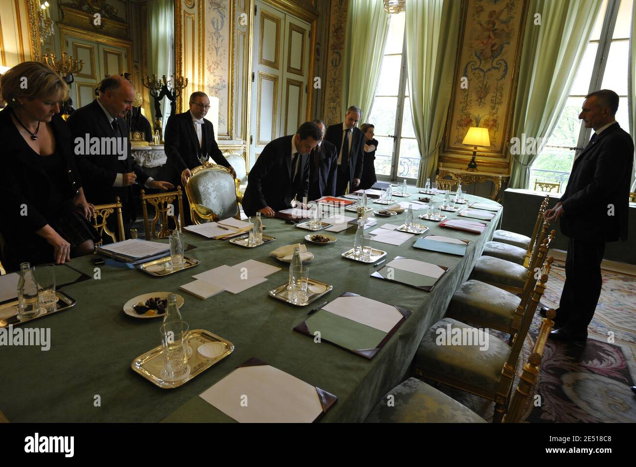 French president Nicolas Sarkozy along with Dominique Bussereau and Nadine  Morano, Raymond Soubie, Francois Perol, Catherine Pegard meet with French  state owned railway company SNCF President Guillaume Pepy and family  associations about