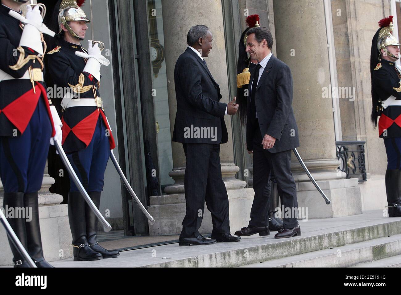 French President Nicolas Sarkozy welcomes Somalia's President Abdullahi Yusuf Ahmed at the Elysee Palace in Paris May 5, 2008. Photo by Mousse/ABACAPRESS.COM Stock Photo